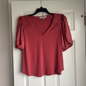 Tempted Hearts V-Neck Puff Sleeve Blouse - Rose Red